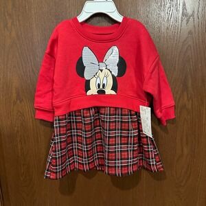 Disney Jumping Beans Girls Red Minnie Mouse Sequin Bow Plaid Dress 12 Months